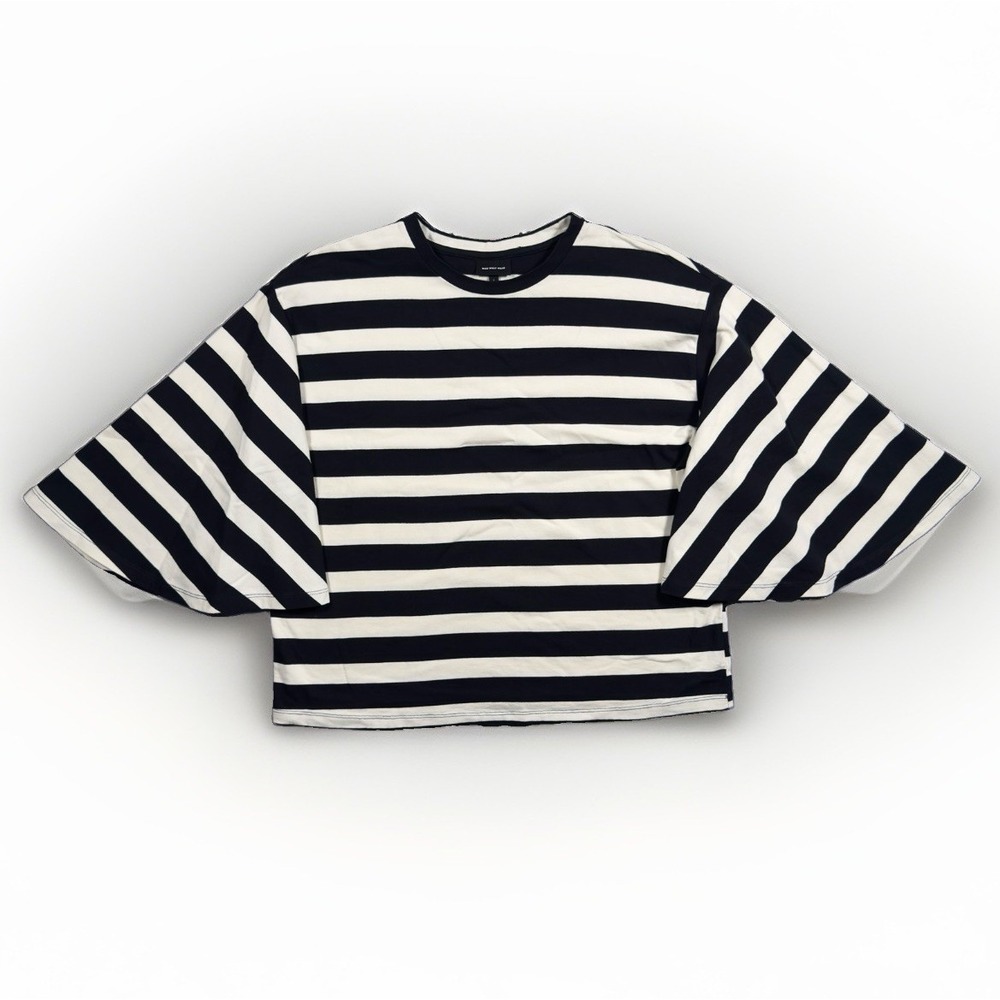 Who What Wear Womens L Black White Stripe Bell Sleeve Cotton Top Shirt